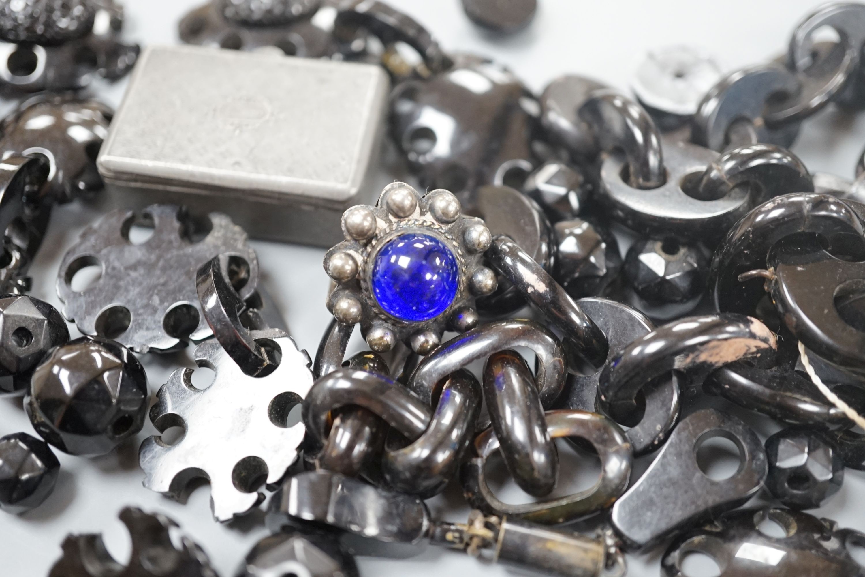 Mixed jewellery including a Norwegian 930S and two colour enamel pendant by Marius Hammer, width 33m, Austro-Hungarian enamelled brooch and jet etc.